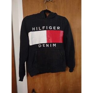 Tommy Hilfiger Mens Sweatshirt Hoodie Blue Small Big Flag Embroidered Logo Denim